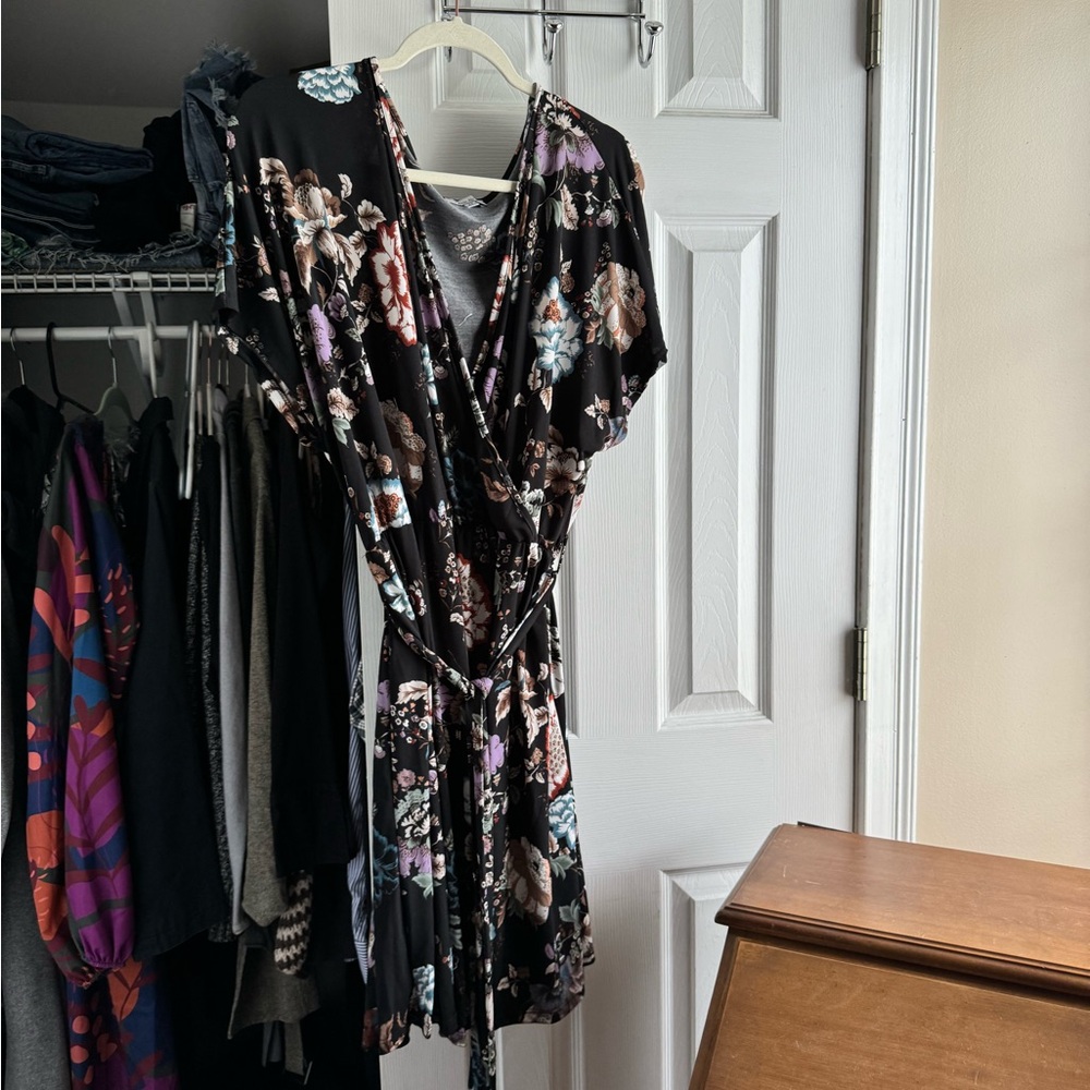 NWOT white birch black and purple floral wrap dress